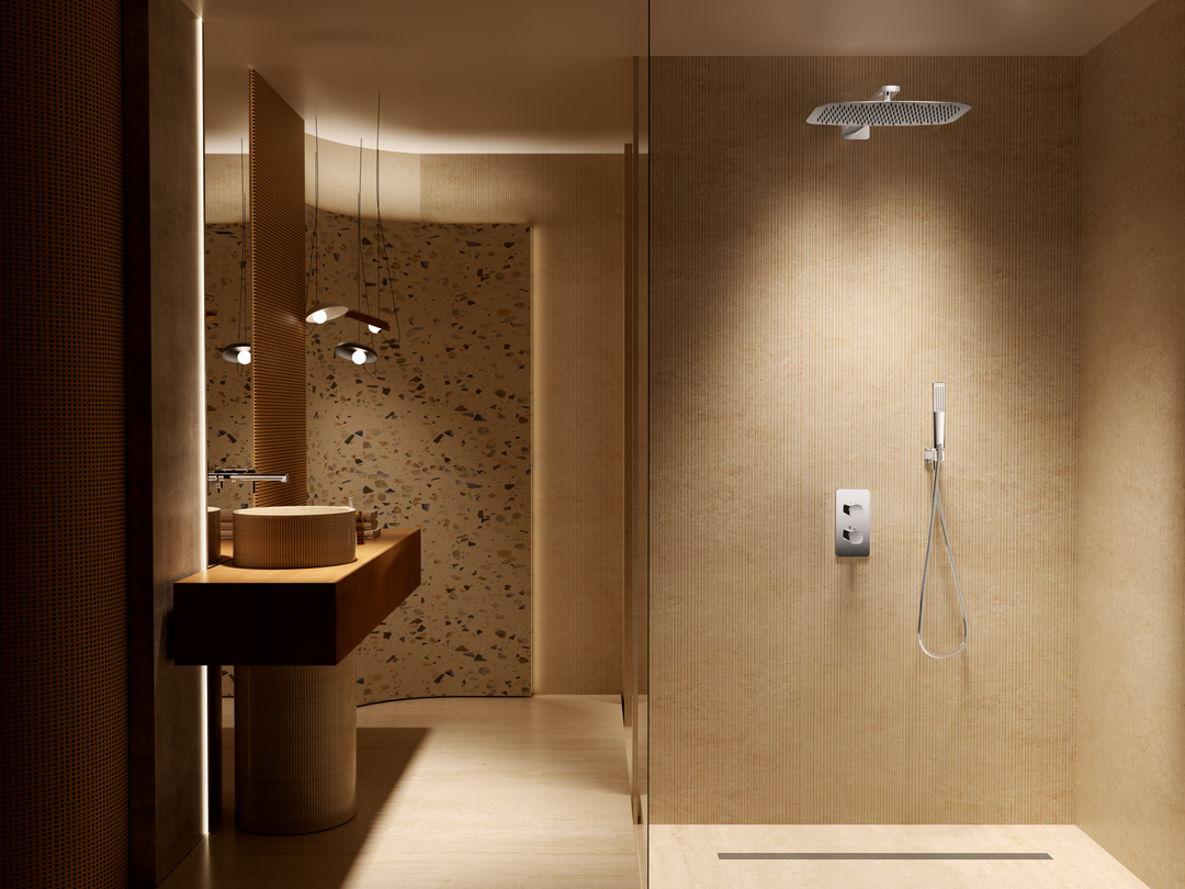 Ducha con conjunto termostático empotrado en un baño moderno