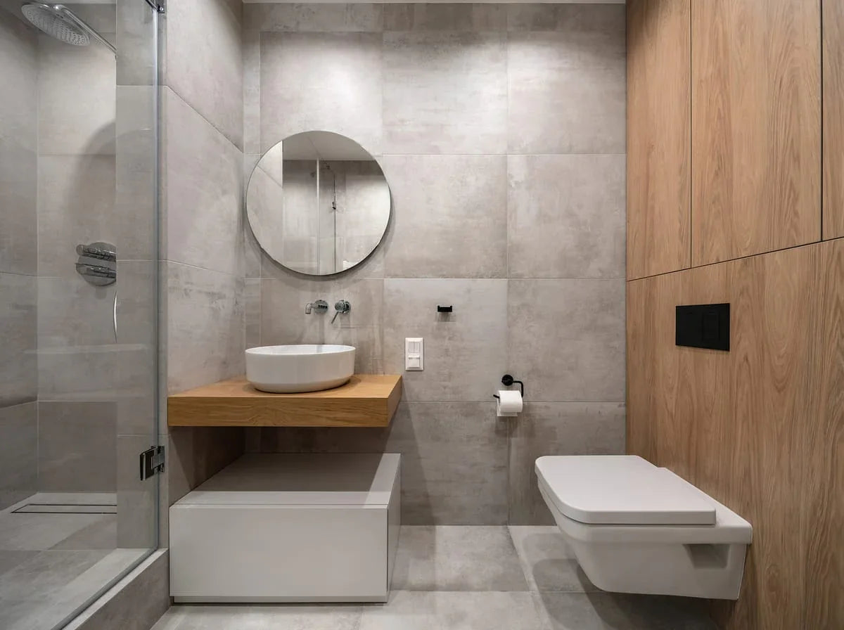 Baño moderno minimalista con mampara de vidrio, mueble flotante y grifería elegante
