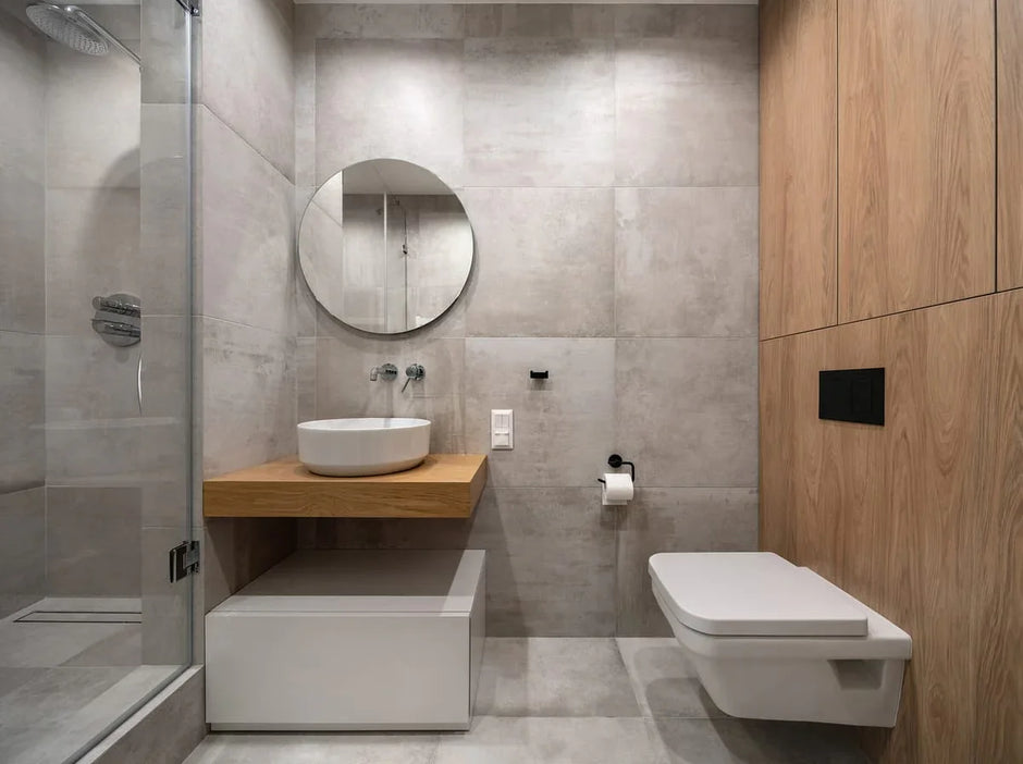 Baño moderno minimalista con mampara de vidrio, mueble flotante y grifería elegante