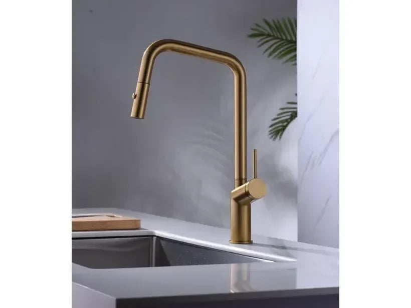 Grifo de cocina IMEX serie Bonn extraíble con difusor doble jet en acabado oro cepillado