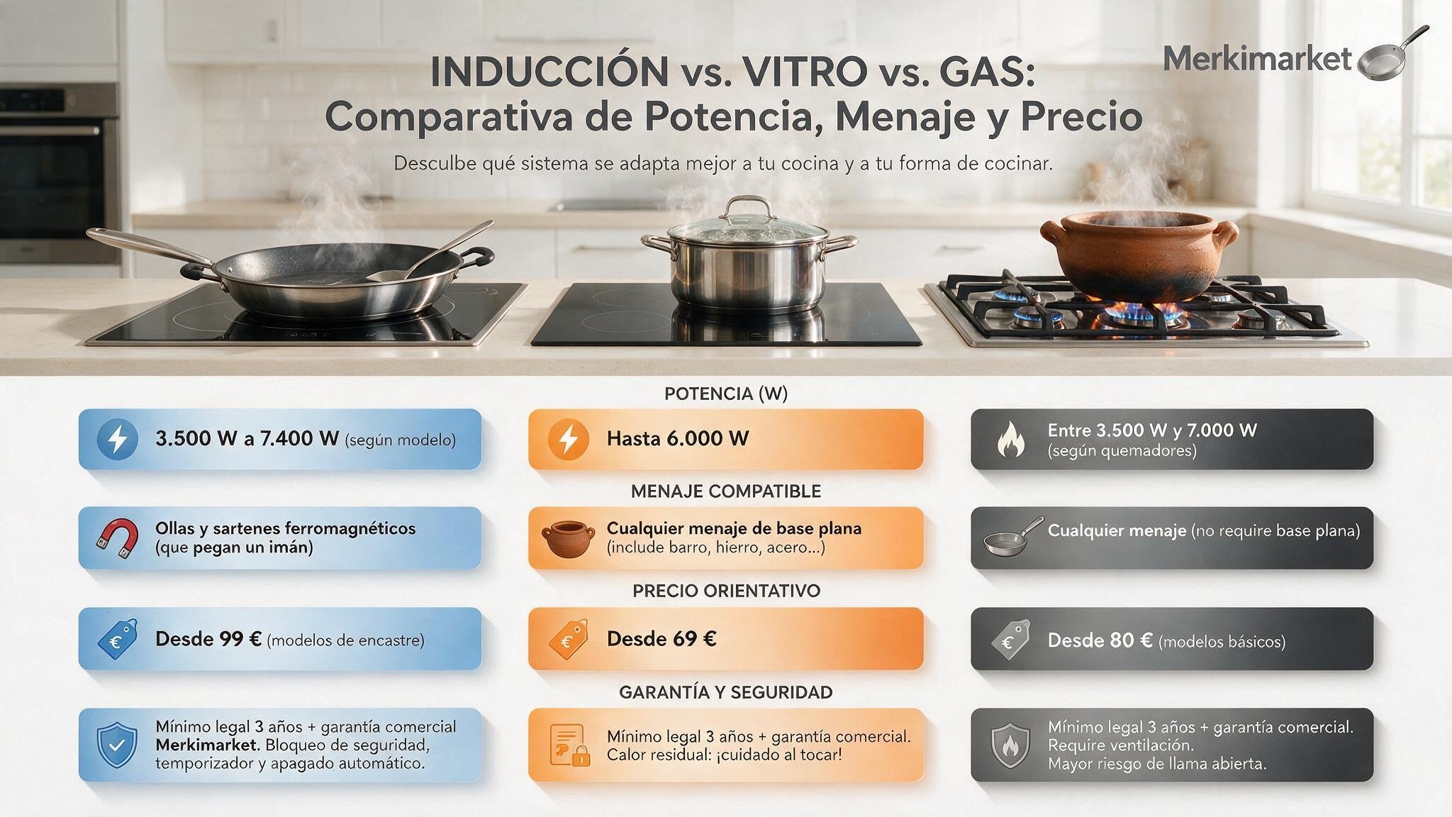 Placa de inducción, vitrocerámica o gas: comparativa real