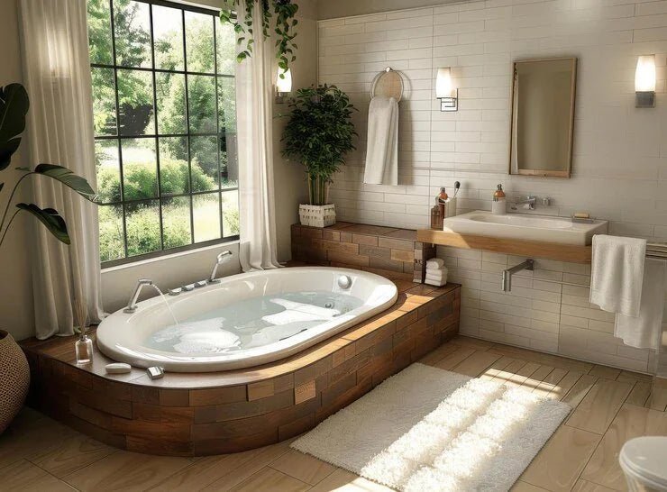 Bañera moderna exenta de acrílico sanitario en baño minimalista