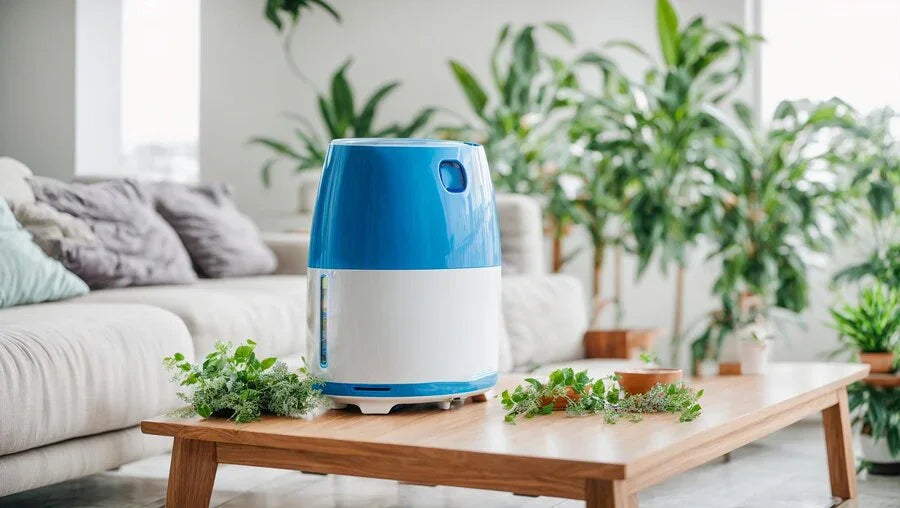 Purificador de aire moderno con filtro HEPA funcionando en una sala de estar limpia y luminosa