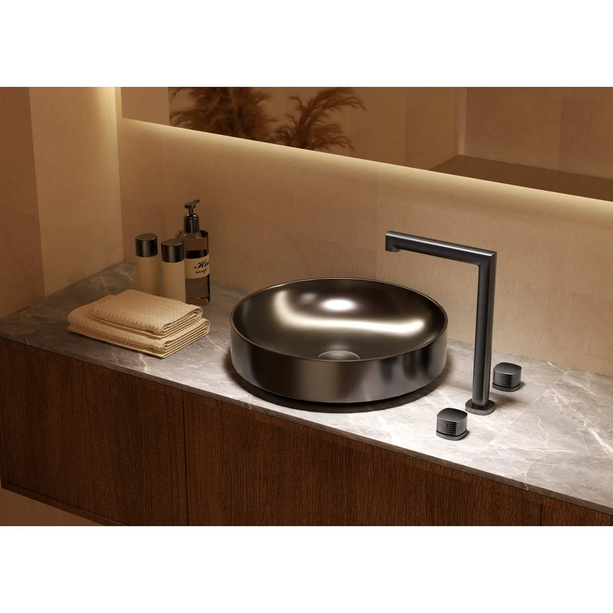 Lavabo Bimando Sobrencimera Caño Alto Firenze Imex Oro rosa cepillado en ambiente