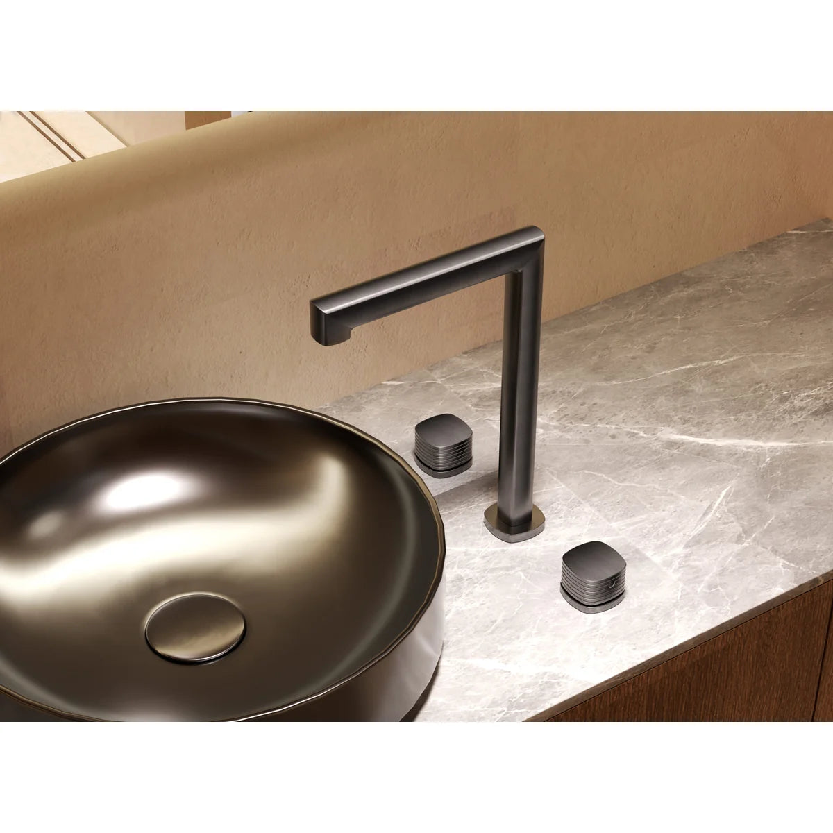 Lavabo Bimando Sobrencimera Caño Alto Firenze Imex Oro rosa cepillado en ambiente