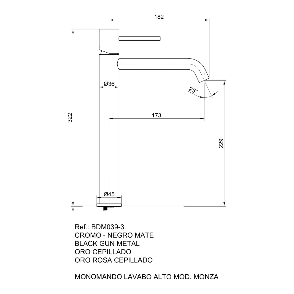 Mitigeur de lavabo haut Monza Nickel brossé