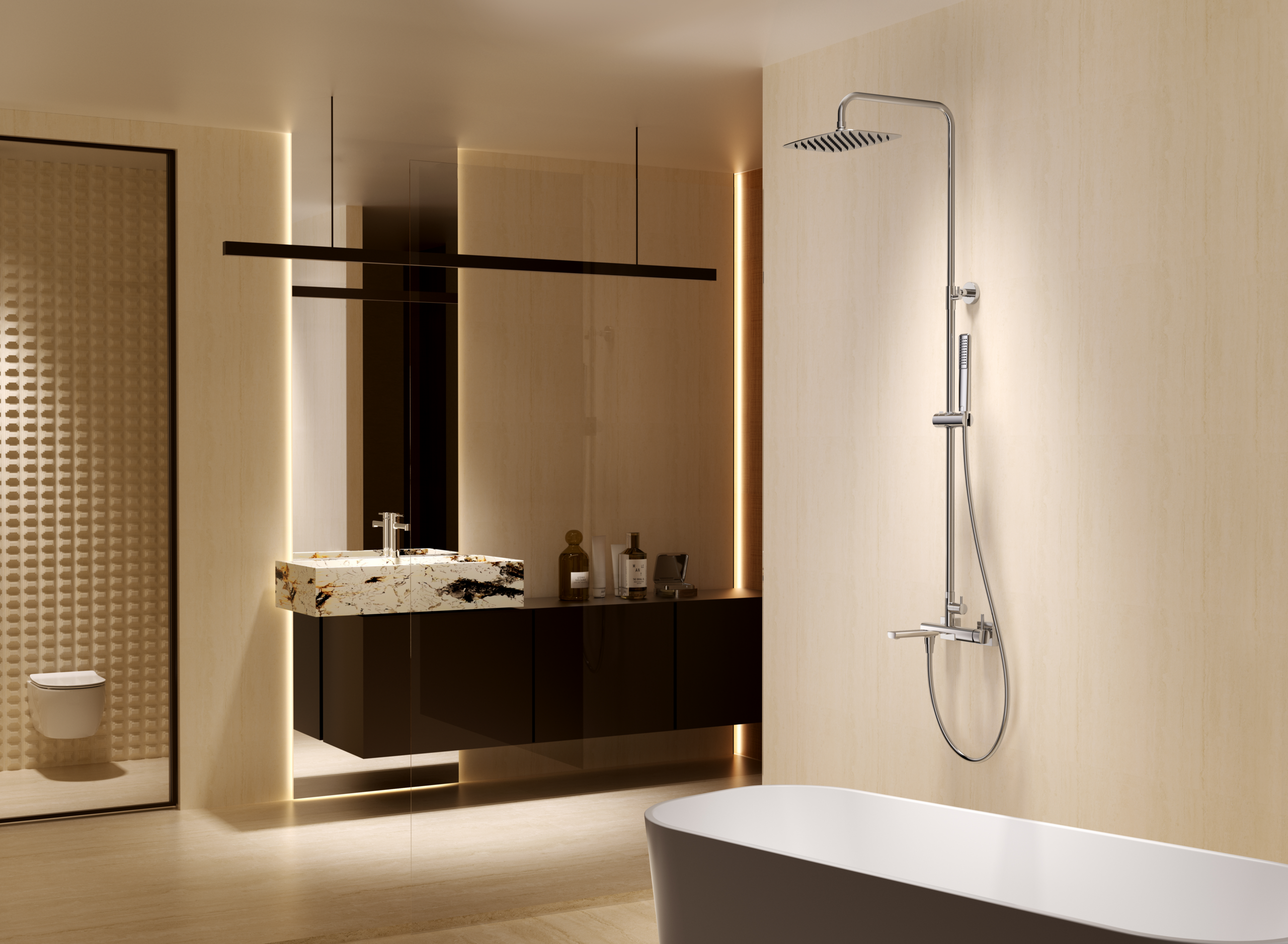 Conjunto Bañera Monomando Toscana Imex Oro rosa cepillado en ambiente