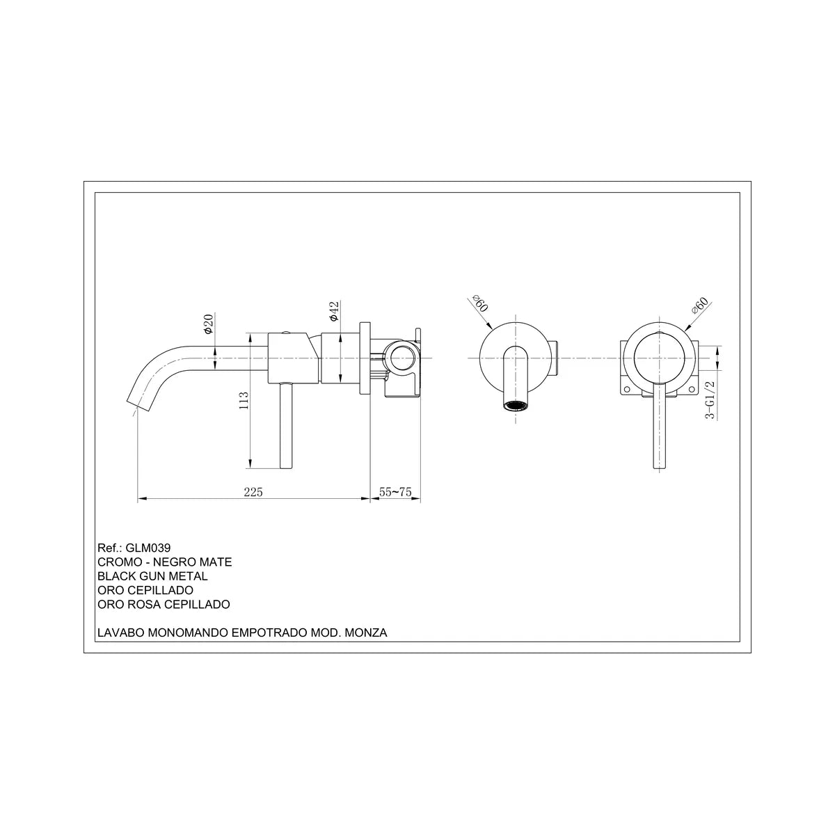 Monomando lavabo empotrado Monza níquel cepillado Imex - croquis_p0 - Imex