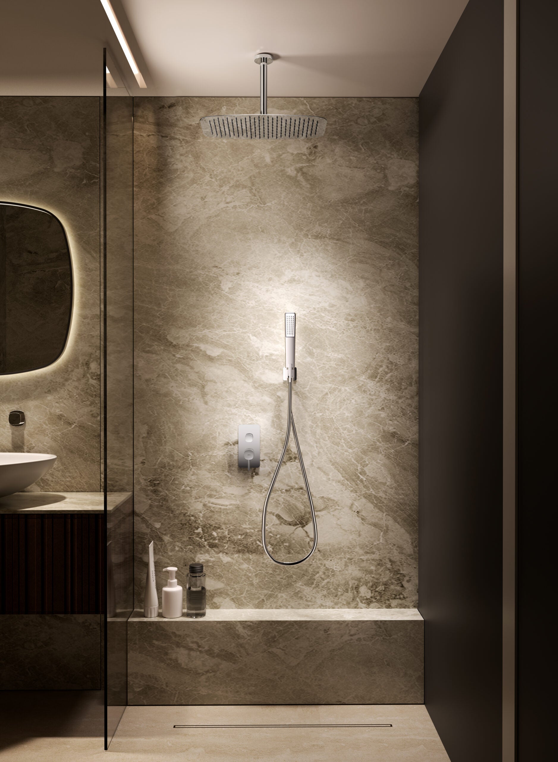 Conjunto Ducha Monomando Empotrado Arezzo Imex Oro rosa cepillado en ambiente