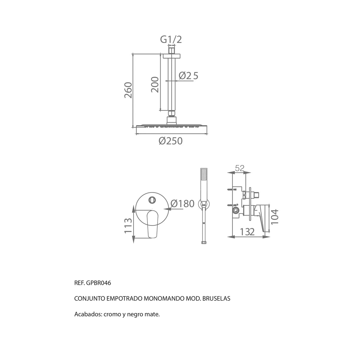 Conjunto Ducha Empotrado Monomando Bruselas Imex Cromo - croquis_p0 - Imex