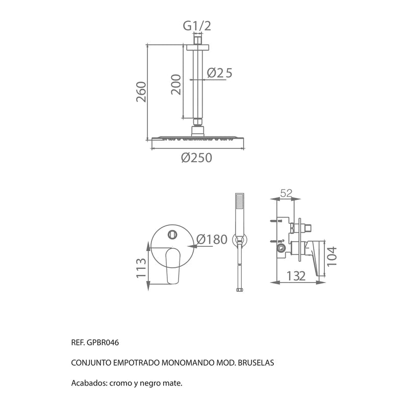Croquis técnico Conjunto de ducha empotrado monomando acabado negro mate Bruselas Imex