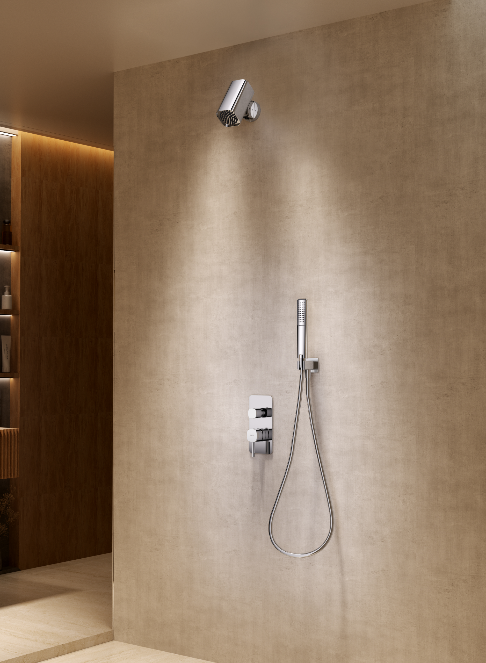 Conjunto Ducha Monomando Empotrado Toscana Con Rociador Tube Imex Oro rosa cepillado en ambiente