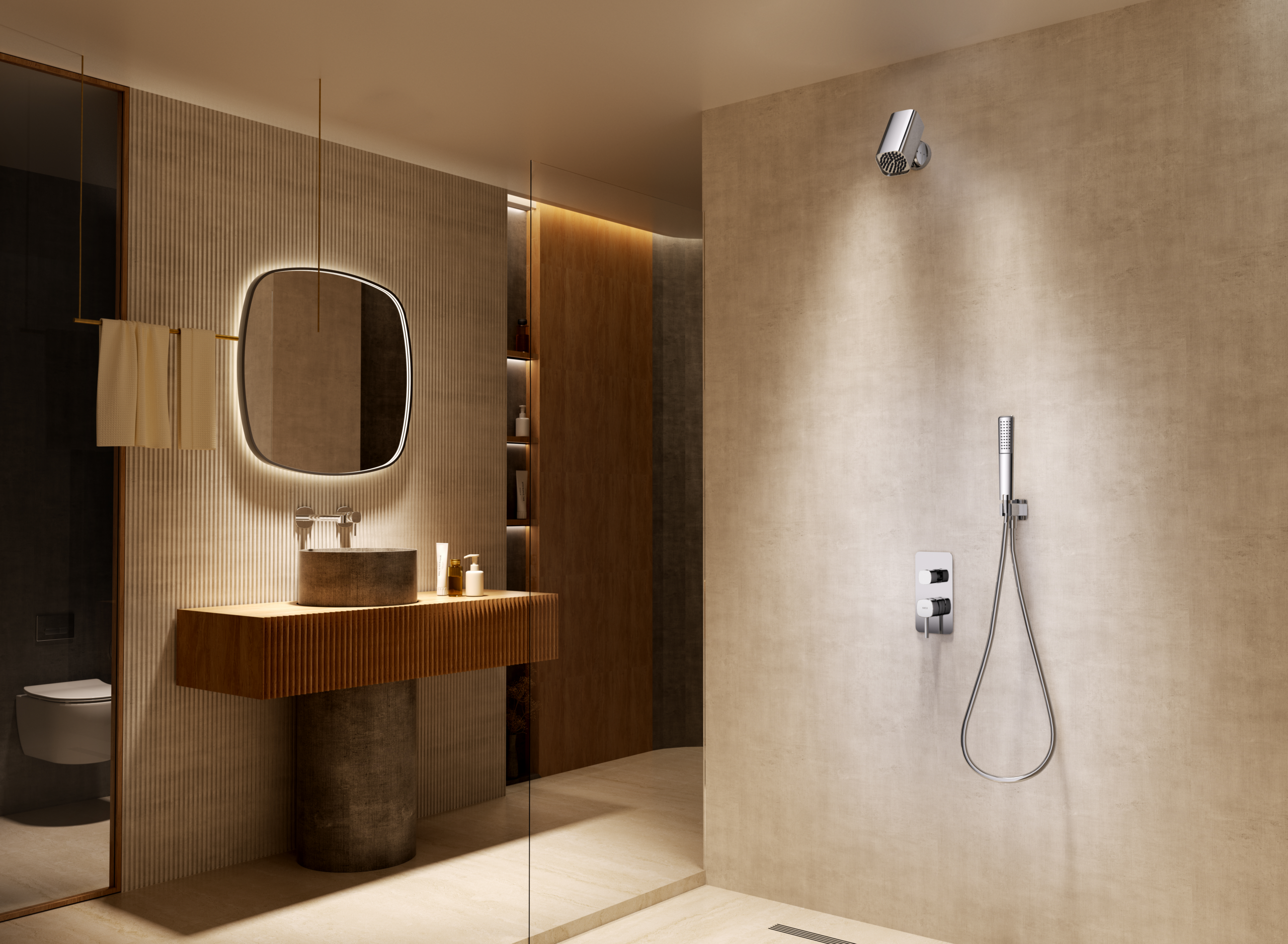 Conjunto Ducha Monomando Empotrado Toscana Con Rociador Tube Imex Oro rosa cepillado en ambiente