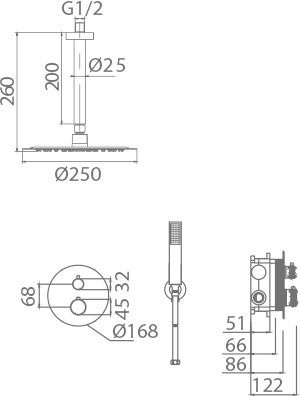 Croquis técnico Conjunto de ducha termostático de diseño moderno empotrado Salerno acabado cromo
