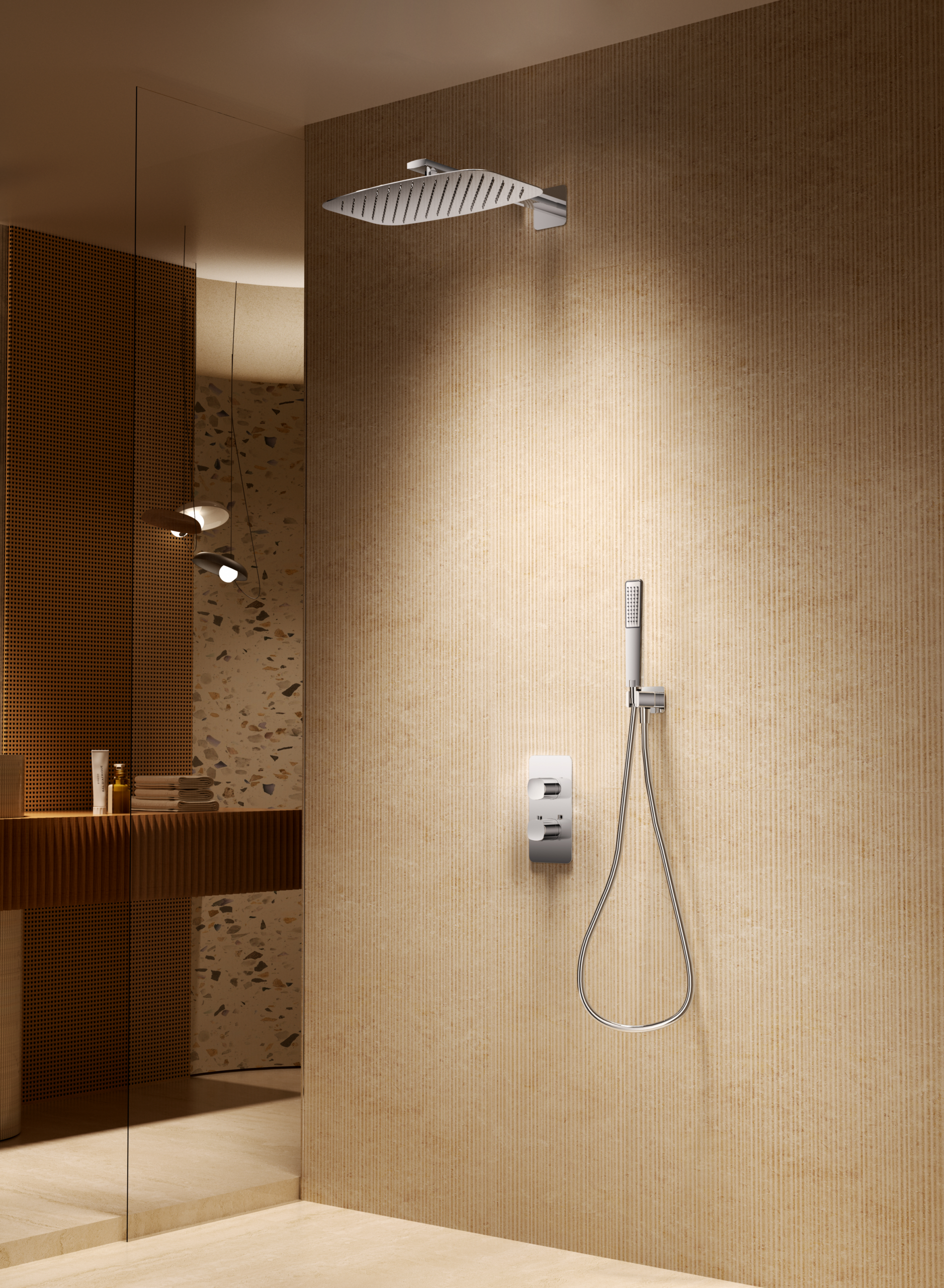 Conjunto Ducha Termostático Empotrado Toscana Imex Oro rosa cepillado en ambiente