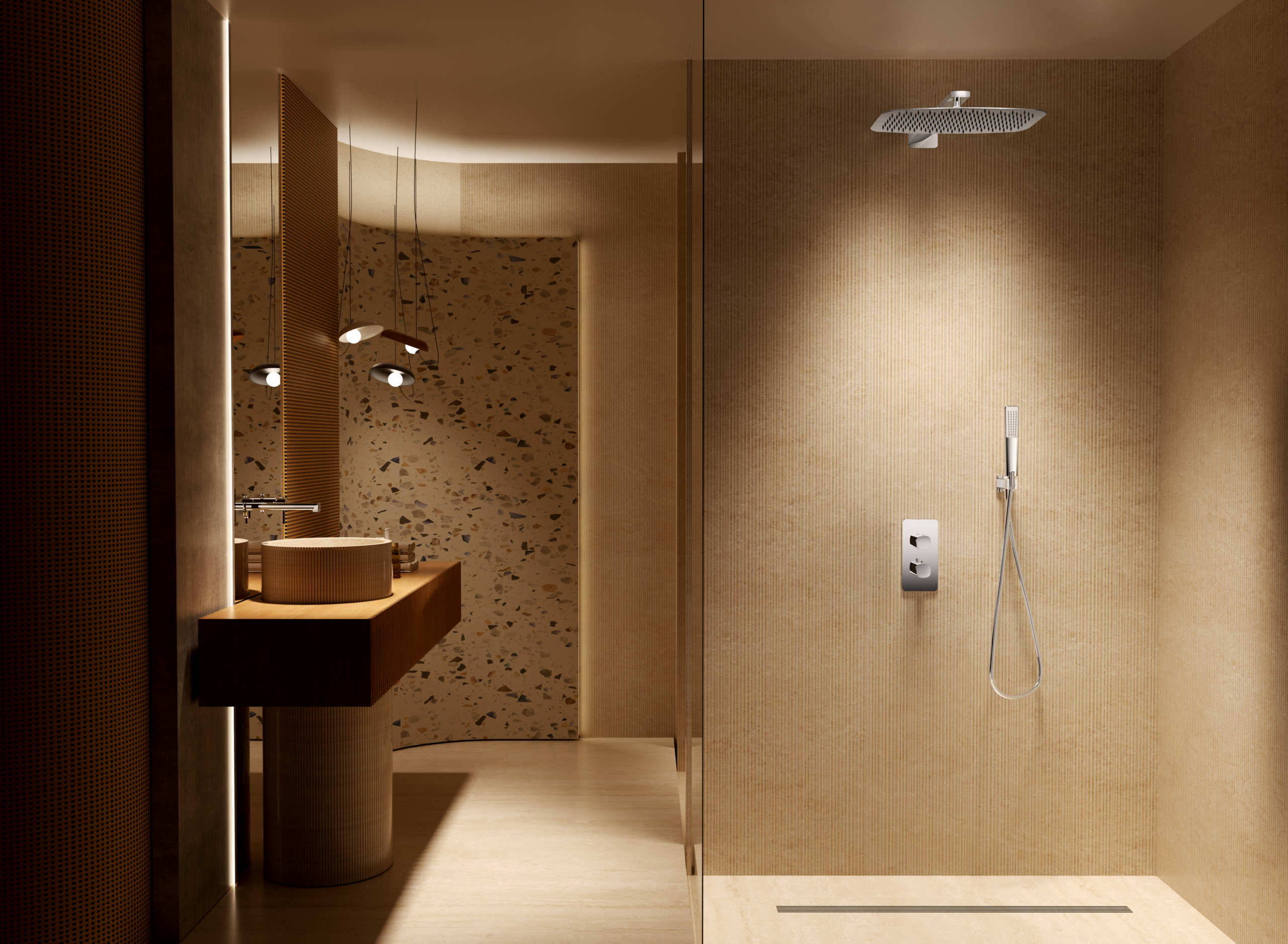 Conjunto Ducha Termostático Empotrado Toscana Imex Oro rosa cepillado en ambiente