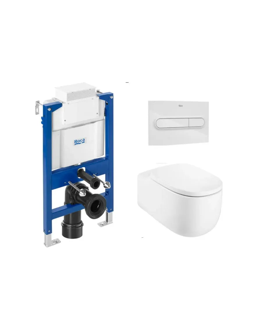 ROCA BEYOND Pack inodoro suspendido Rimless 58 cm de fondo salida horizontal cisterna tapa amortiguada y placa pulsadora