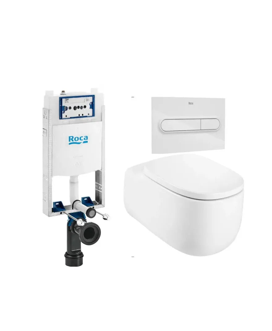 ROCA BEYOND Pacote de vaso sanitário suspenso Rimless 58 cm de profundidade, tampa amortecida, caixa de descarga, placa de acionamento, saída horizontal