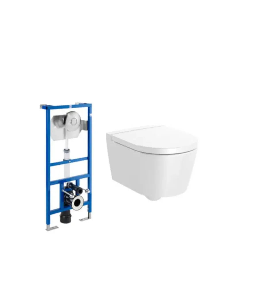 Roca Round Paquete de vaso sanitário suspenso Rimless 48 cm de profundidade, saída horizontal com tampa e caixa de descarga