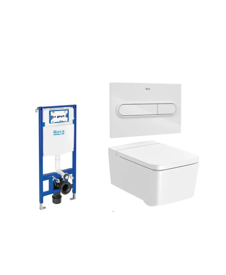ROCA SQUARE Pack de vaso sanitário suspenso Rimless com tampa e assento amortecido, saída horizontal, placa de acionamento e caixa de descarga