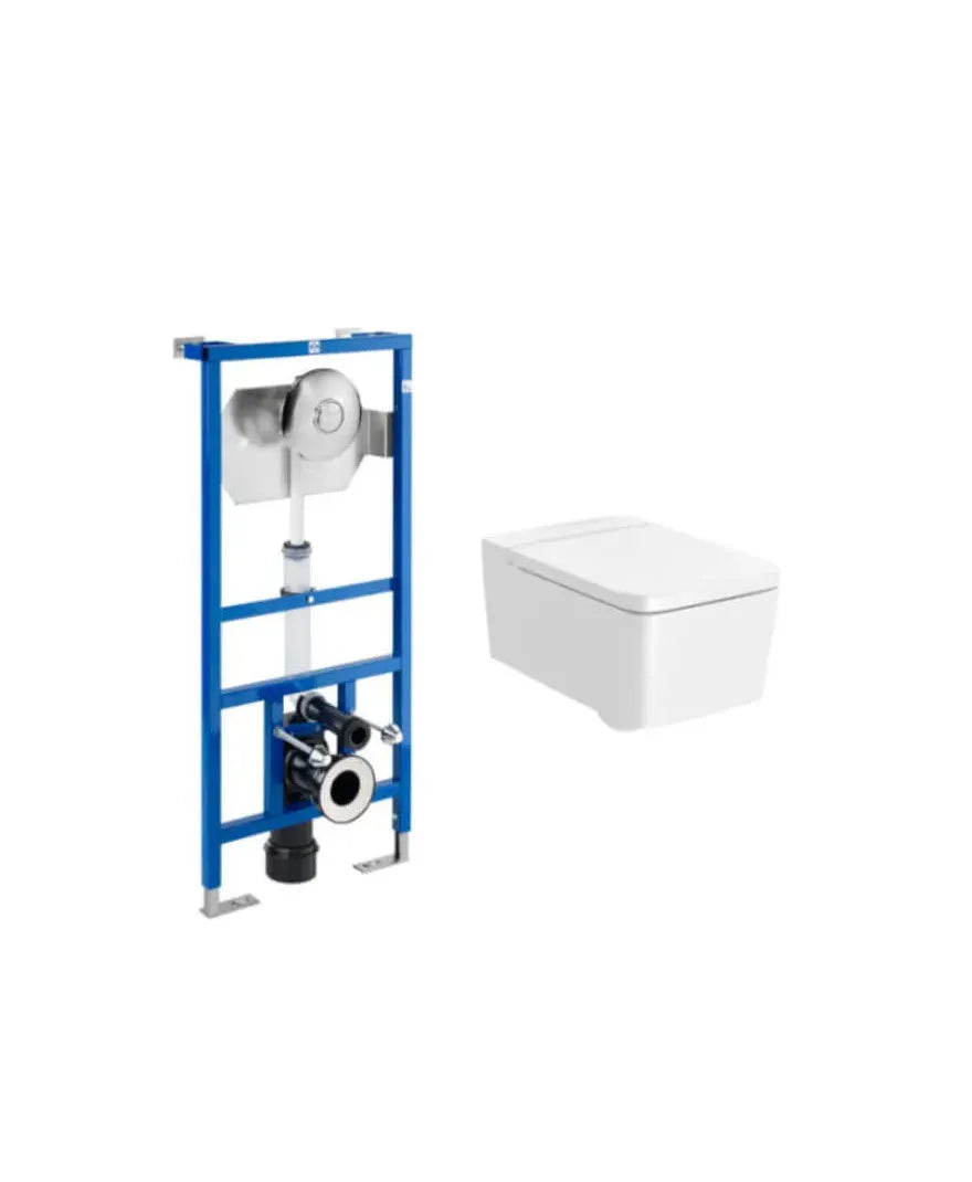 Roca Square Pack de vaso sanitário suspenso Rimless 56 cm de profundidade com tampa amortecida e cisterna com saída horizontal
