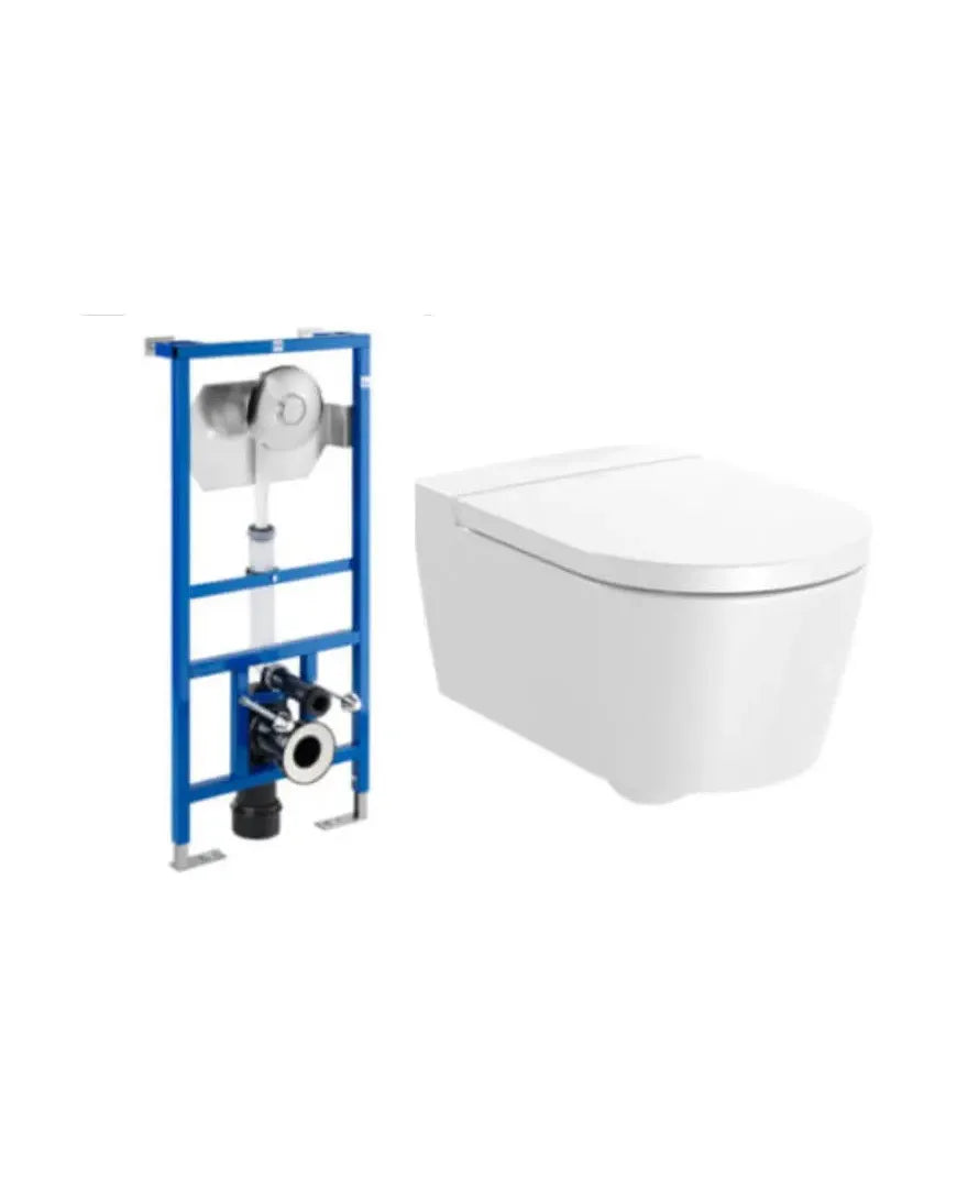 Roca Round Pacote de vaso sanitário suspenso Rimless com tampa amortecida e caixa de descarga com saída horizontal