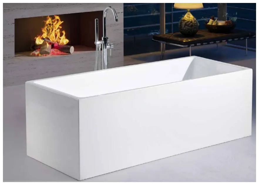 Bañera exenta acrílica blanca de diseño moderno con válvula de desagüe cromada Atlántico de Aquore  0