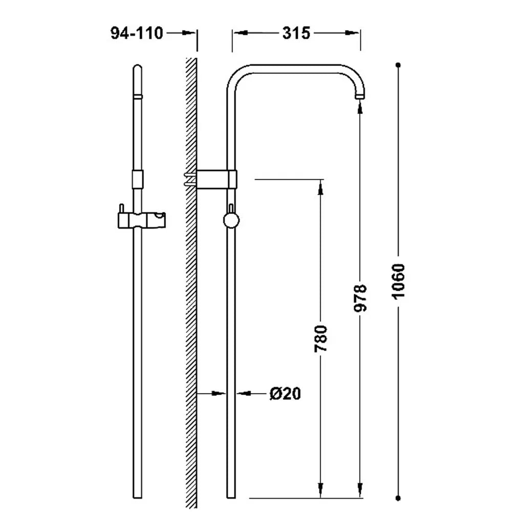 Barra de ducha acoplable a mezclador termostático de pared con terminación cromada Over Wall Tres 1