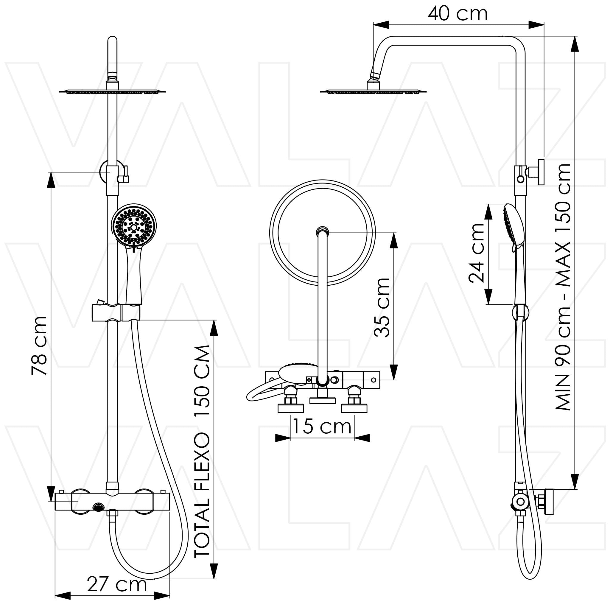 Barra de ducha bañera termostatica diseno redondo oro mate proteccion PVD barra 90 a 150 cm rociador inox Ebro de Valaz 1