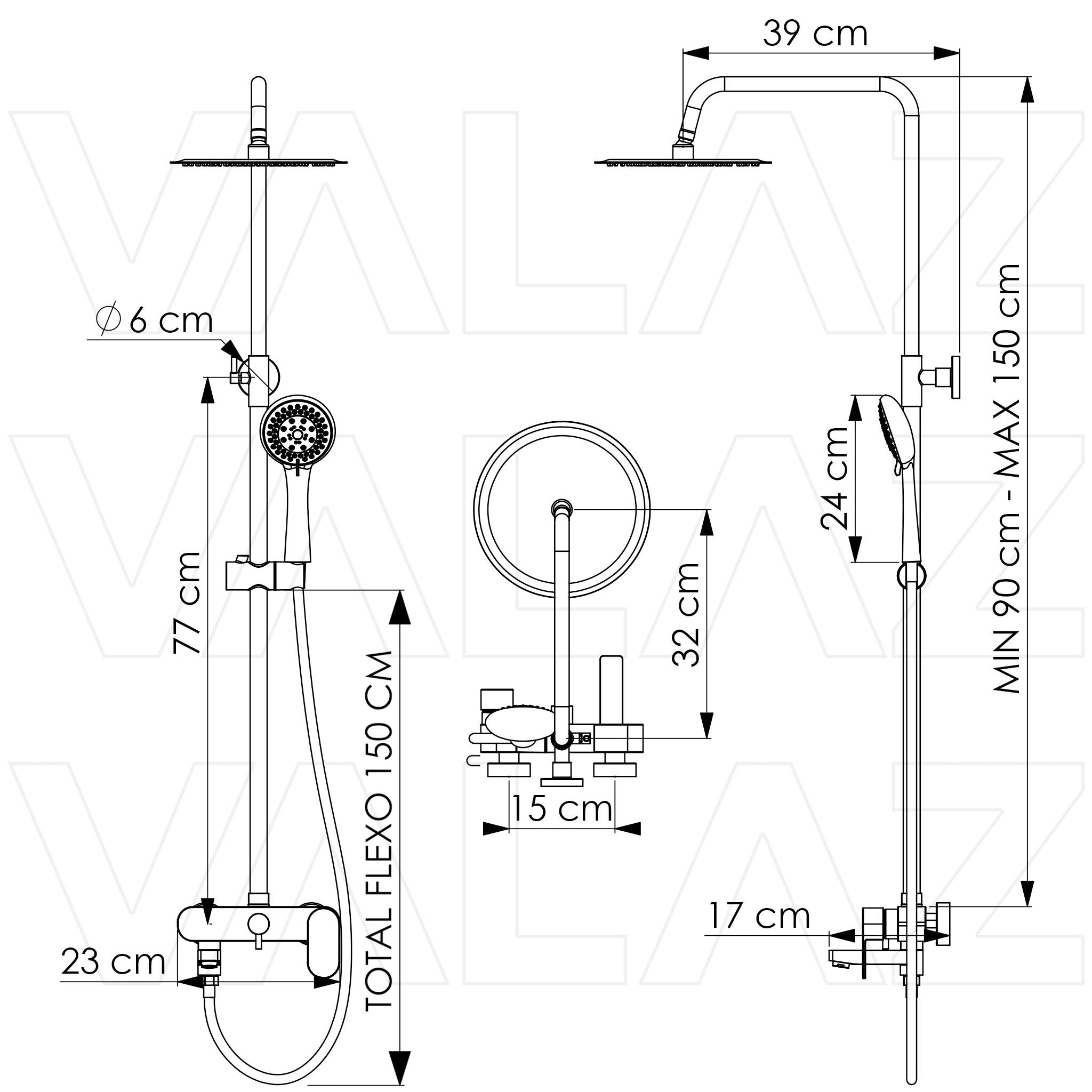 Barra de ducha y bañera monomando redonda negro mate altura ajustable de 90 a 150 cm Jabalón de Valaz 1