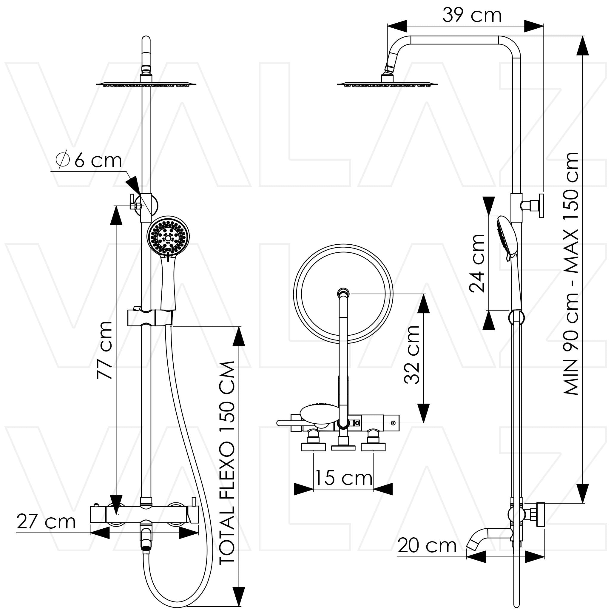 Barra de ducha/bañera monomando redonda cromada ajustable de 90 a 150 cm Jabalón de Valaz 1