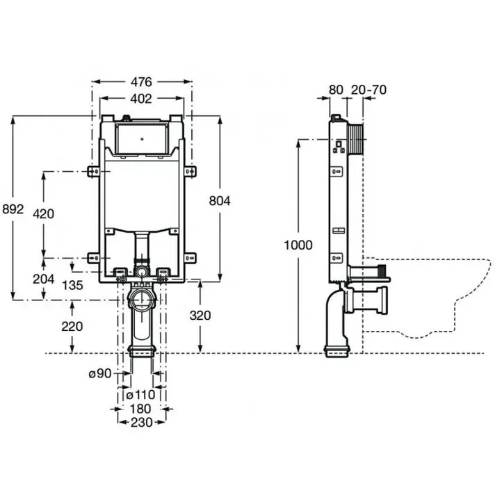 ROCA IN-WALL A890070120 Bastidor con cisterna compacta empotrable con doble descarga para inodoro suspendido. Codo de Ø90 / Ø110 - MerkiMarket