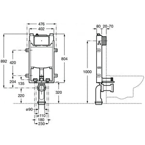 ROCA IN-WALL A890070120 Bastidor con cisterna compacta empotrable con doble descarga para inodoro suspendido. Codo de Ø90 / Ø110 - MerkiMarket