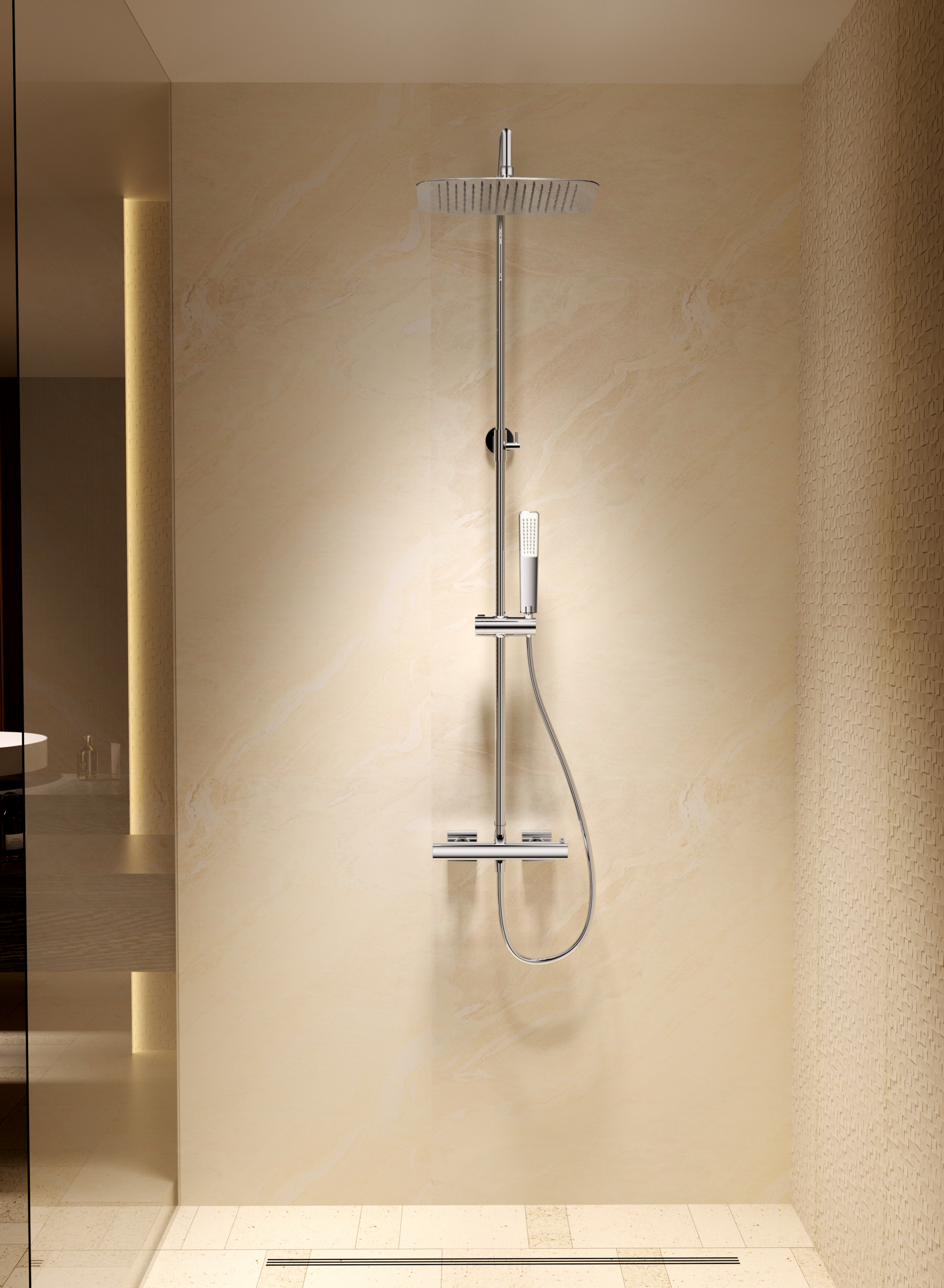 Conjunto Ducha Termostático Toscana Imex Oro rosa cepillado en ambiente