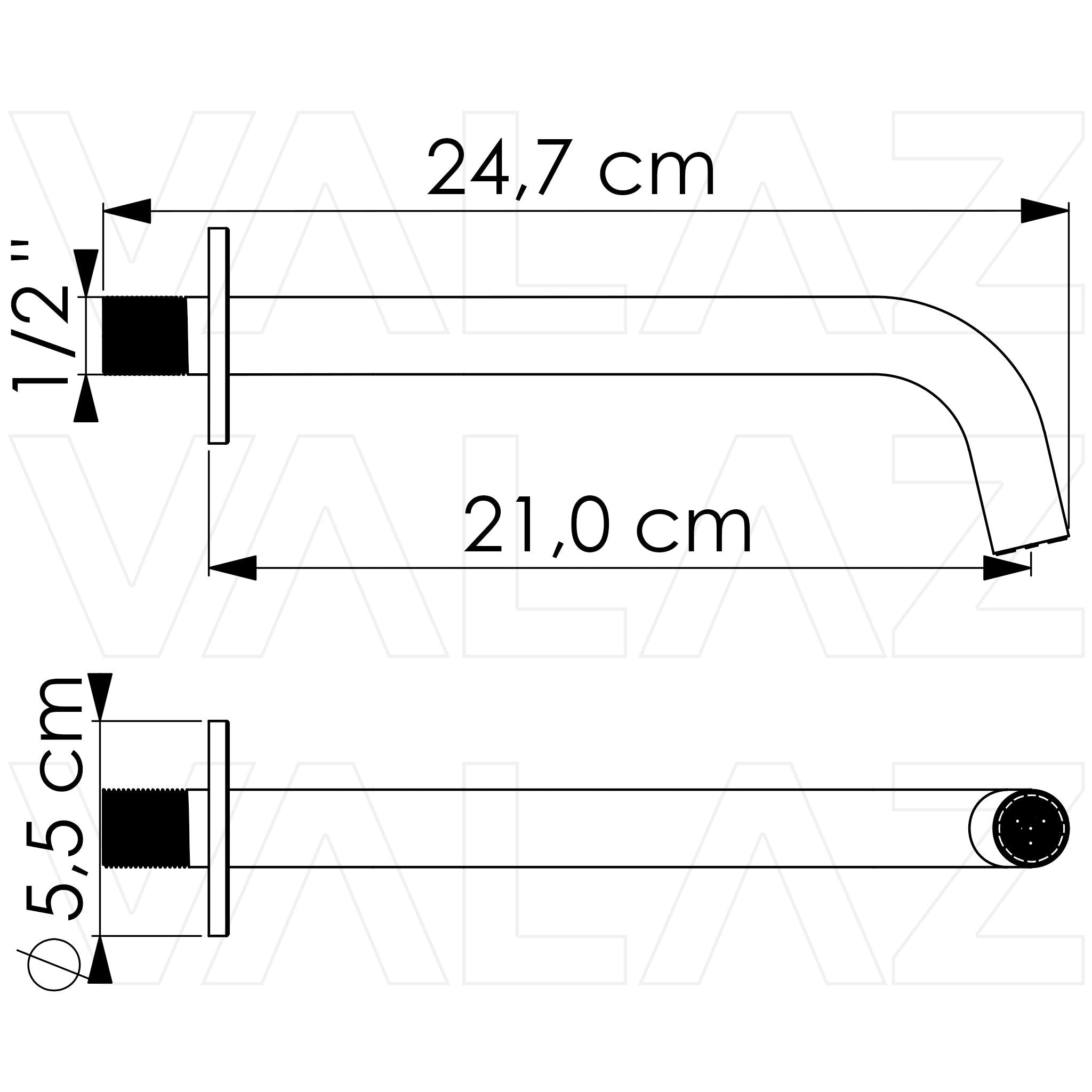 Caño redondo 21 cm oro mate protección PVD rosca 1/2 de Valaz 1