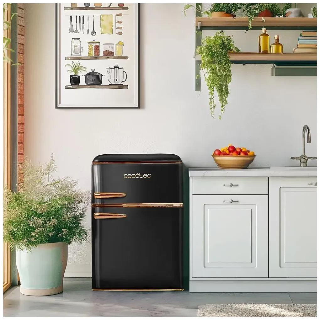 cecotec_01897_mini_frigorífico_retro_86l_negro_con_luz_led_y_tirador_gold_rose_3