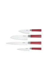 Pack de cuatro cuchillos profesionales con diseño japonés de acero inoxidable y mango color rojo santoku de Cecotec