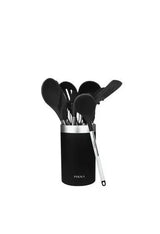 Pack de nueve utensilios de cocina de silicona negra y con mango de acero polka exclusive wood&rock de Cecotec