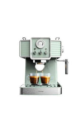 Vintage light green espresso coffee maker with 20 bar pressure, manometer, and steam wand - Cecotec Power Espresso 20 Tradizionale