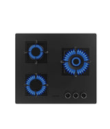 Placa de gas Bolero Squad G 3800S con 3 fuegos de cristal negro mate y potencia de 10,35kW para cocina segura de Cecotec