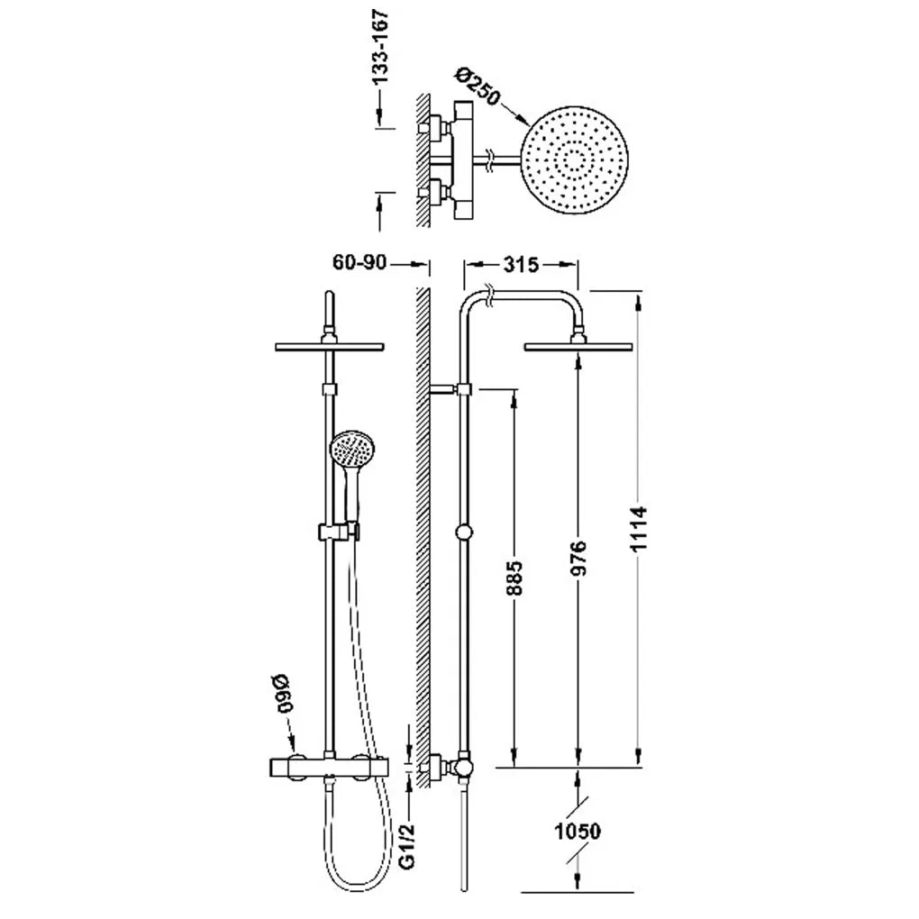 Columna de ducha con grifo termostático y ducha de mano en latón y ABS cromado Base Plus TRES 1