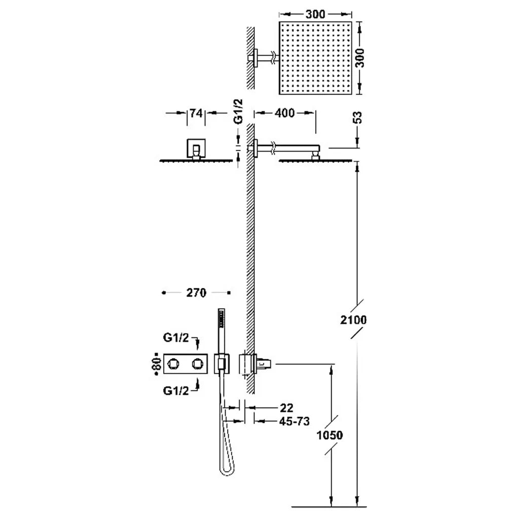 Columna de ducha con teleducha y grifo termostático con volante rectangular acabado acero B-SYSTEM TRES 1