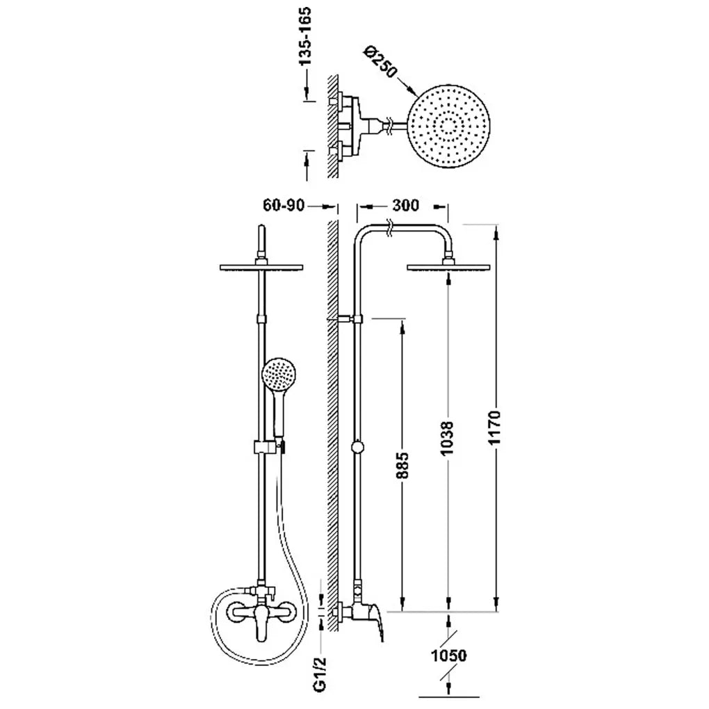Columna de ducha de latón con acabado cromado grifo monomando dos vías e inversor incorporado Base Plus TRES 1