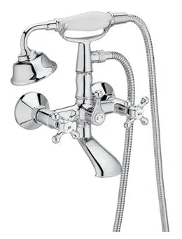 Conjunto de grifo para bañera y ducha bimando con caño fijo a pared cromado Carmen Roca 0