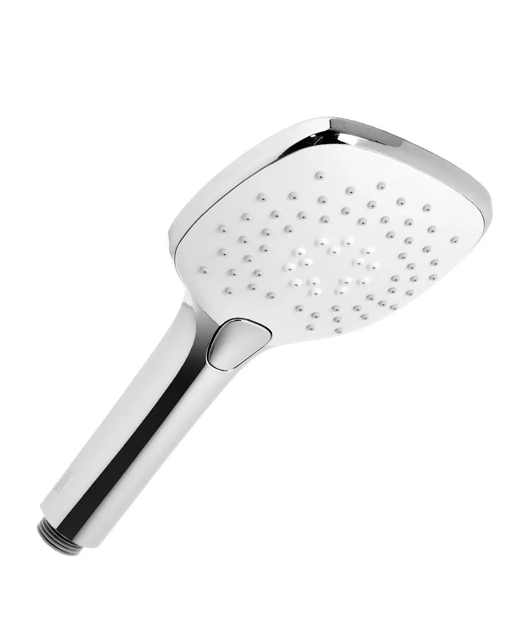 Ducha de mano con cabezal cuadrado acabado en blanco y cromado TRES 0