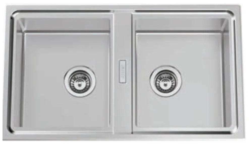 Fregadero de cocina con doble seno de acero inoxidable encastrado al ras con acabado cromado Fussion Class de Aquore 0