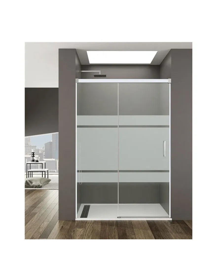 GME BASIC BLANCO Mampara frontal con un cristal fijo y una puerta corredera con decorado
