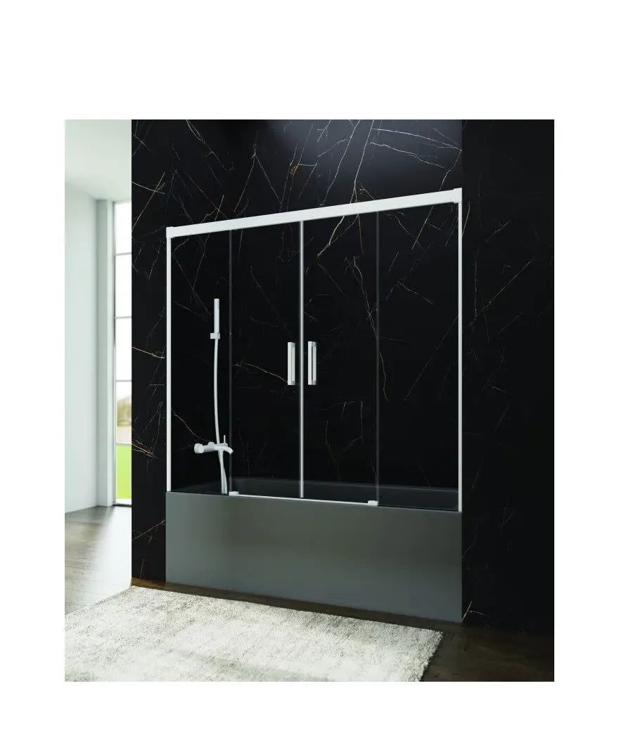 GME Basic Spazio Mampara para bañera frontal con 2 puertas correderas y 2 hojas fijas transparentes con perfiles blancos