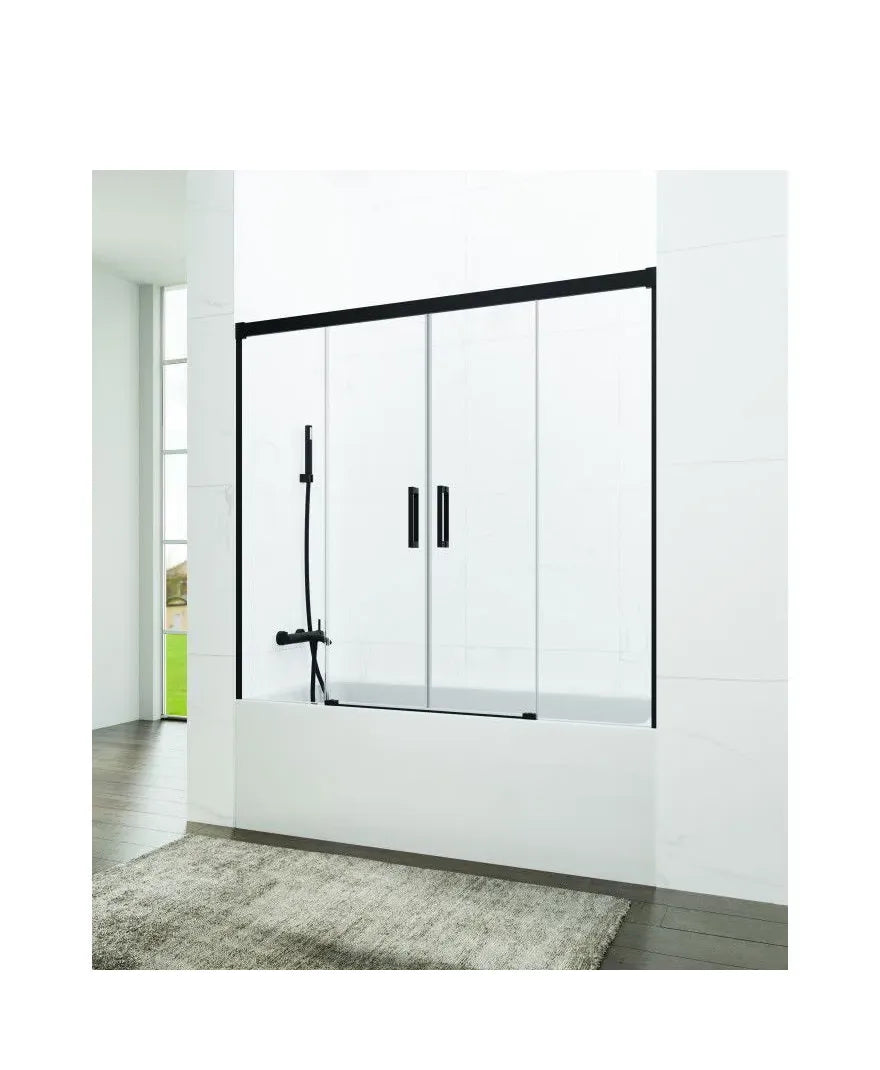 GME Basic Spazio Mampara para bañera frontal con 2 puertas correderas y 2 hojas fijas transparentes con perfiles negros