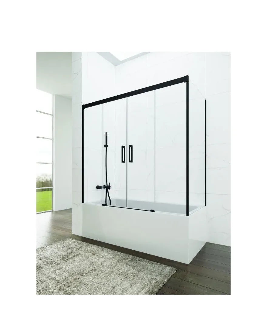 GME Basic Spazio Mampara para bañera angular con tres hojas fijas y dos correderas transparentes con perfiles negros
